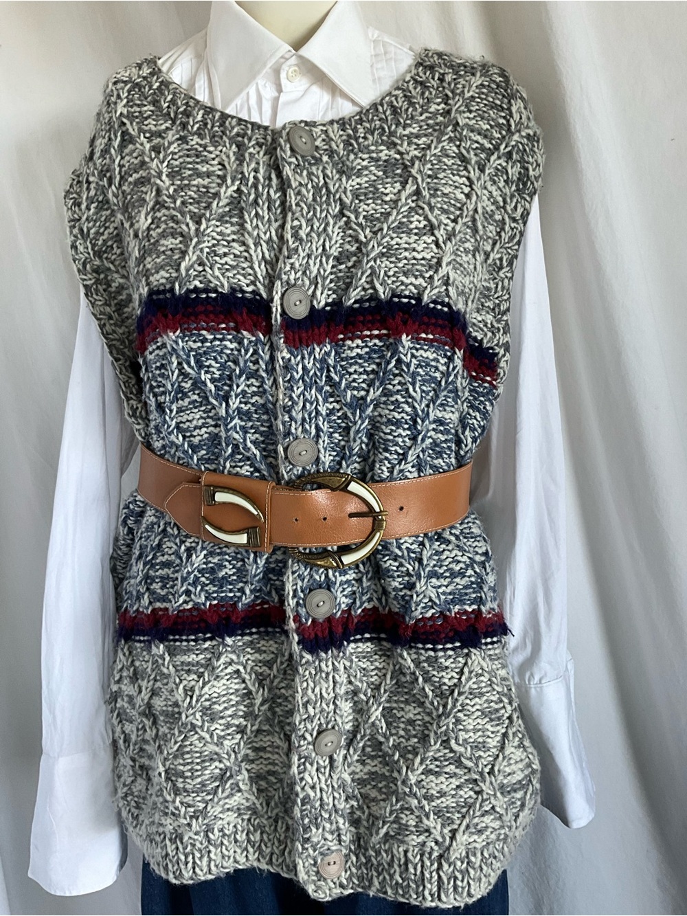 Hand Knit Style Cable Sweater Vest Grey Cream Oversized Grandpa Cardigan